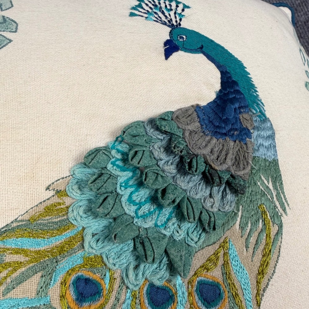 World Market Throw Pillow 18x18 Cotton Embroidered Peacock Dimensional Decor - Picture 2 of 12